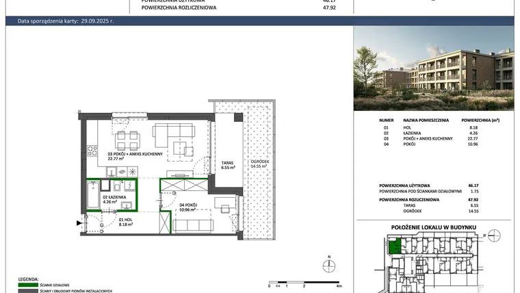 Rzut - Mieszkanie na sprzedaż 2 pokoje o powierzchni 46,17 m² - numer B-01 w Hillence etap 2