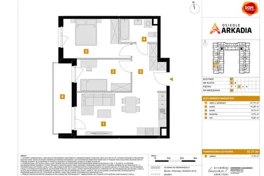 Rzut - Mieszkanie na sprzedaż 3 pokoje o powierzchni 57,77 m² - numer B1.25 w Osiedle Arkadia etap 2