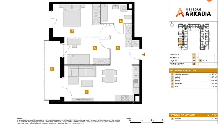 Rzut - Mieszkanie na sprzedaż 3 pokoje o powierzchni 57,77 m² - numer B1.25 w Osiedle Arkadia etap 2