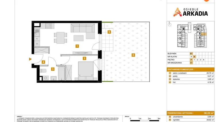 Rzut - Mieszkanie na sprzedaż 2 pokoje o powierzchni 38,22 m² - numer B1.51 w Osiedle Arkadia etap 2