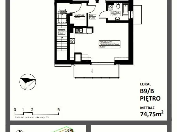 Rzut - Mieszkanie na sprzedaż 3 pokoje o powierzchni 74,75 m² - numer B9/B w Osiedle Lente Zacharzyce