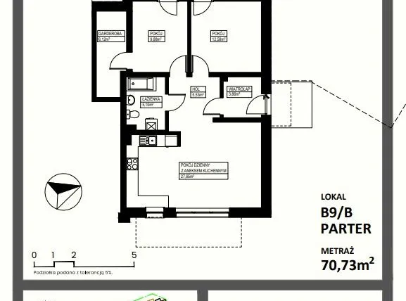 Rzut - Mieszkanie na sprzedaż 3 pokoje o powierzchni 70,73 m² - numer B9/Bparter w Osiedle Lente Zacharzyce