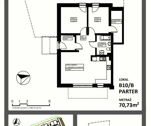 Rzut - Mieszkanie na sprzedaż 3 pokoje o powierzchni 70,73 m² - numer B10/Bparter w Osiedle Lente Zacharzyce