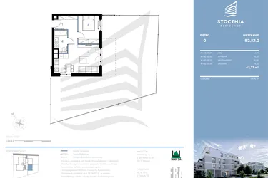 Rzut - Mieszkanie na sprzedaż 2 pokoje o powierzchni 43,21 m² - numer B2.K1.2 w Stocznia Residence