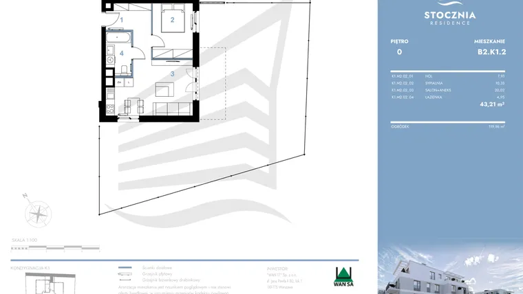 Rzut - Mieszkanie na sprzedaż 2 pokoje o powierzchni 43,21 m² - numer B2.K1.2 w Stocznia Residence