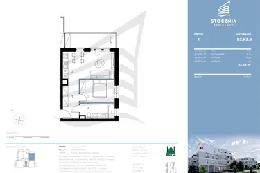 Rzut - Mieszkanie na sprzedaż 2 pokoje o powierzchni 43,65 m² - numer B2.K2.4 w Stocznia Residence