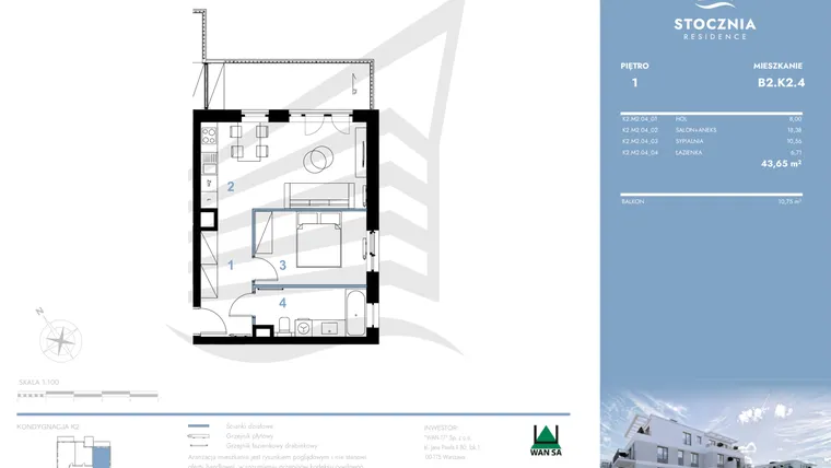 Rzut - Mieszkanie na sprzedaż 2 pokoje o powierzchni 43,65 m² - numer B2.K2.4 w Stocznia Residence