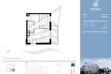Rzut - Mieszkanie na sprzedaż 2 pokoje o powierzchni 43,25 m² - numer B2.K3.5 w Stocznia Residence
