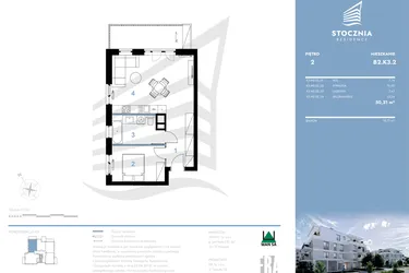 Rzut - Mieszkanie na sprzedaż 2 pokoje o powierzchni 50,31 m² - numer B2.K3.2 w Stocznia Residence