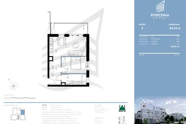 Rzut - Mieszkanie na sprzedaż 2 pokoje o powierzchni 43,65 m² - numer B2.K3.4 w Stocznia Residence