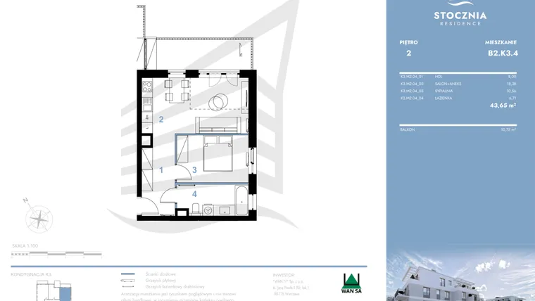 Rzut - Mieszkanie na sprzedaż 2 pokoje o powierzchni 43,65 m² - numer B2.K3.4 w Stocznia Residence