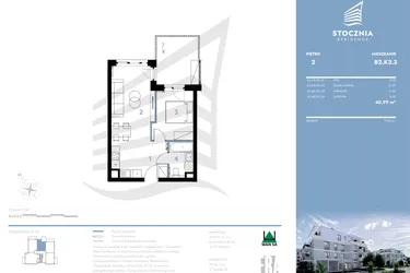 Rzut - Mieszkanie na sprzedaż 2 pokoje o powierzchni 40,99 m² - numer B2.K3.3 w Stocznia Residence