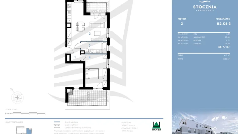 Rzut - Mieszkanie na sprzedaż 2 pokoje o powierzchni 55,77 m² - numer B2.K4.3 w Stocznia Residence