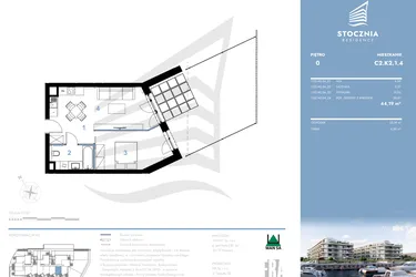 Rzut - Mieszkanie na sprzedaż 2 pokoje o powierzchni 44,19 m² - numer C2.K2.1.4 w Stocznia Residence