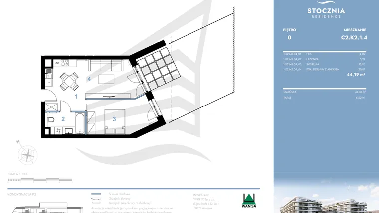 Rzut - Mieszkanie na sprzedaż 2 pokoje o powierzchni 44,19 m² - numer C2.K2.1.4 w Stocznia Residence