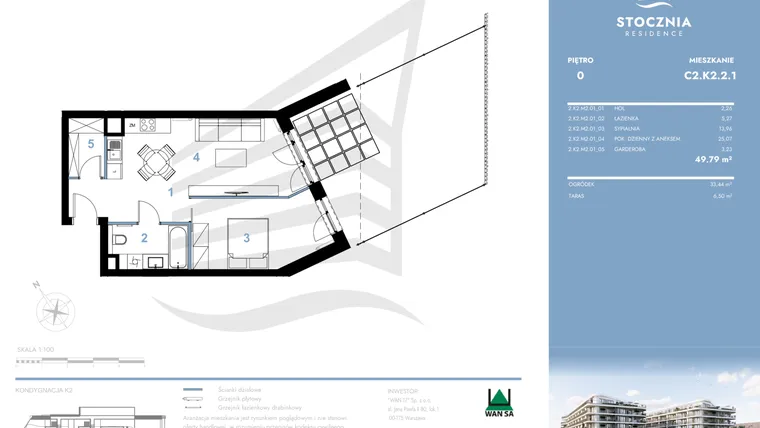 Rzut - Mieszkanie na sprzedaż 2 pokoje o powierzchni 49,79 m² - numer C2.K2.2.1 w Stocznia Residence
