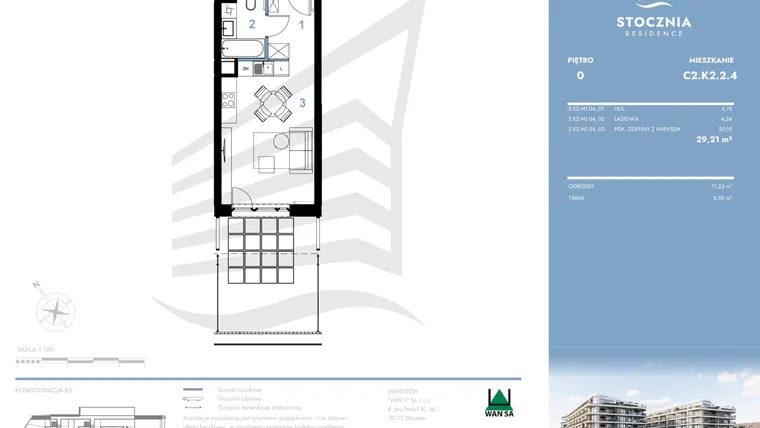 Rzut - Mieszkanie na sprzedaż 1 pokój o powierzchni 29,21 m² - numer C2.K2.2.4 w Stocznia Residence