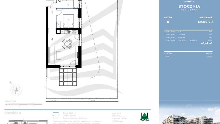 Rzut - Mieszkanie na sprzedaż 2 pokoje o powierzchni 43,69 m² - numer C2.K2.2.3 w Stocznia Residence