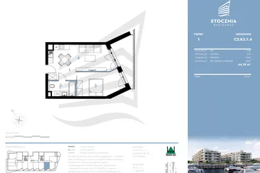 Rzut - Mieszkanie na sprzedaż 2 pokoje o powierzchni 44,19 m² - numer C2.K3.1.4 w Stocznia Residence