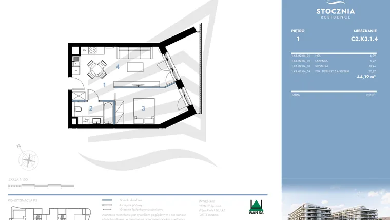 Rzut - Mieszkanie na sprzedaż 2 pokoje o powierzchni 44,19 m² - numer C2.K3.1.4 w Stocznia Residence