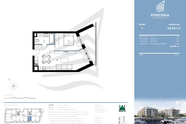 Rzut - Mieszkanie na sprzedaż 2 pokoje o powierzchni 44,2 m² - numer C2.K3.1.5 w Stocznia Residence