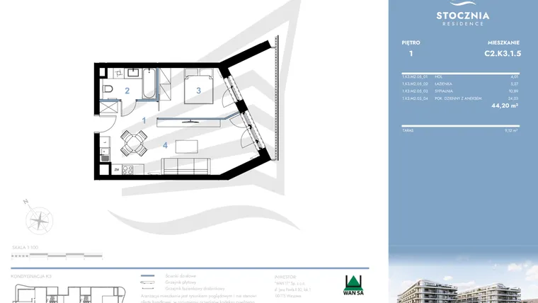 Rzut - Mieszkanie na sprzedaż 2 pokoje o powierzchni 44,2 m² - numer C2.K3.1.5 w Stocznia Residence