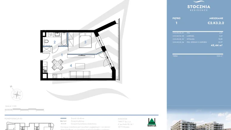 Rzut - Mieszkanie na sprzedaż 2 pokoje o powierzchni 45,44 m² - numer C2.K3.2.2 w Stocznia Residence