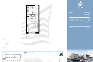Rzut - Mieszkanie na sprzedaż 1 pokój o powierzchni 29,21 m² - numer C2.K3.2.4 w Stocznia Residence