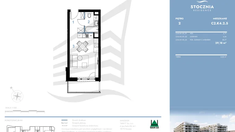 Rzut - Mieszkanie na sprzedaż 1 pokój o powierzchni 29,18 m² - numer C2.K4.2.5 w Stocznia Residence