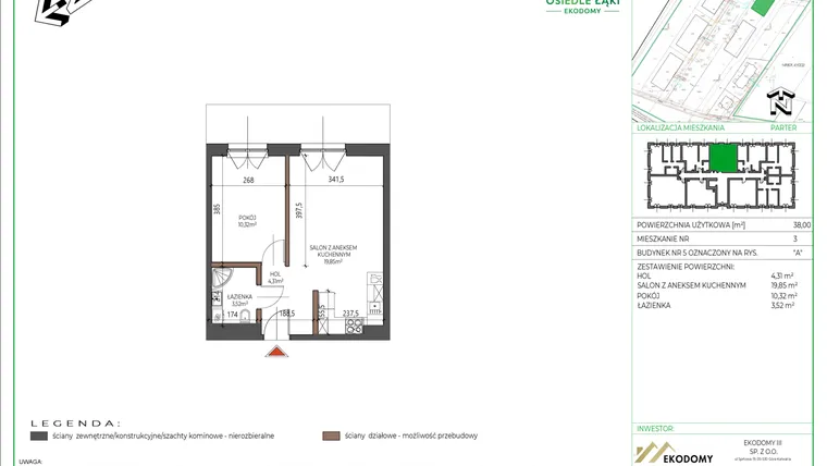 Rzut - Mieszkanie na sprzedaż 2 pokoje o powierzchni 38 m² - numer 3 w Osiedle Polna bud. 5