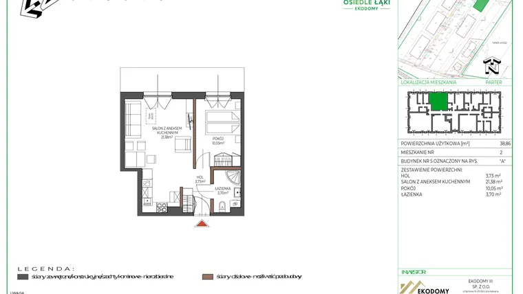 Rzut - Mieszkanie na sprzedaż 2 pokoje o powierzchni 38,86 m² - numer 2 w Osiedle Polna bud. 5