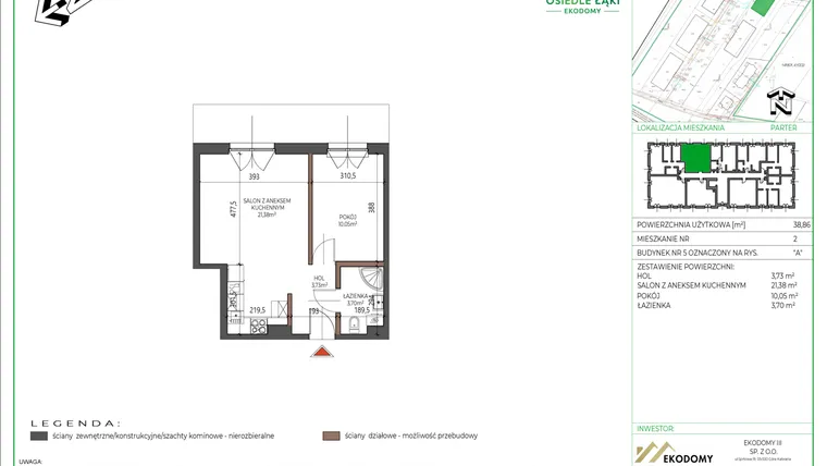 Rzut - Mieszkanie na sprzedaż 2 pokoje o powierzchni 38,86 m² - numer 2 w Osiedle Polna bud. 5