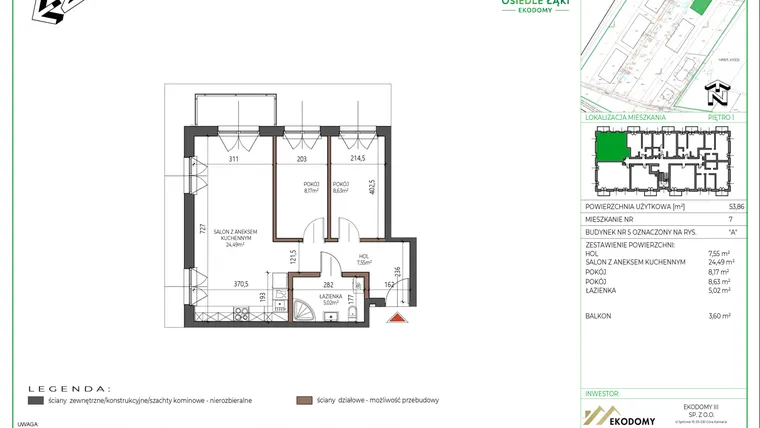Rzut - Mieszkanie na sprzedaż 3 pokoje o powierzchni 53,86 m² - numer 7 w Osiedle Polna bud. 5