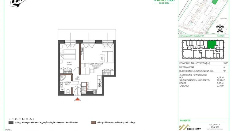 Rzut - Mieszkanie na sprzedaż 2 pokoje o powierzchni 39,89 m² - numer 4 w Osiedle Polna bud. 5