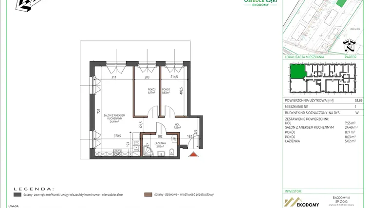 Rzut - Mieszkanie na sprzedaż 3 pokoje o powierzchni 53,86 m² - numer 1 w Osiedle Polna bud. 5
