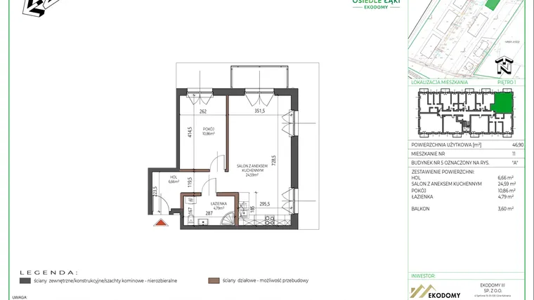 Rzut - Mieszkanie na sprzedaż 2 pokoje o powierzchni 46,9 m² - numer 11 w Osiedle Polna bud. 5