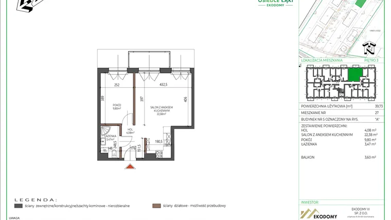 Rzut - Mieszkanie na sprzedaż 2 pokoje o powierzchni 39,73 m² - numer 27 w Osiedle Polna bud. 5