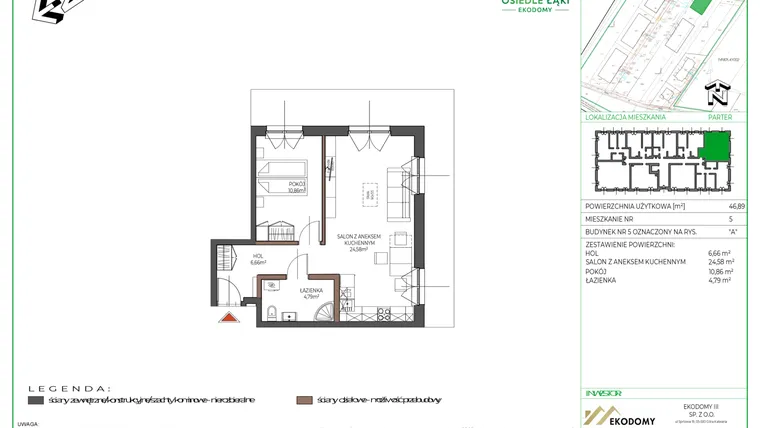 Rzut - Mieszkanie na sprzedaż 2 pokoje o powierzchni 46,93 m² - numer 5 w Osiedle Polna bud. 5