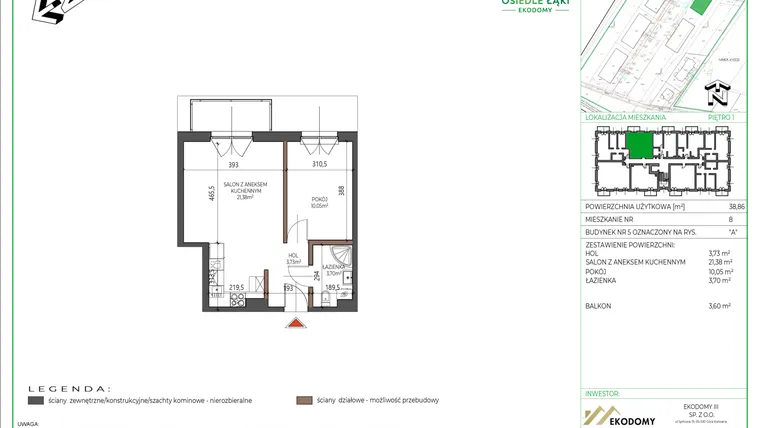 Rzut - Mieszkanie na sprzedaż 2 pokoje o powierzchni 38,86 m² - numer 8 w Osiedle Polna bud. 5