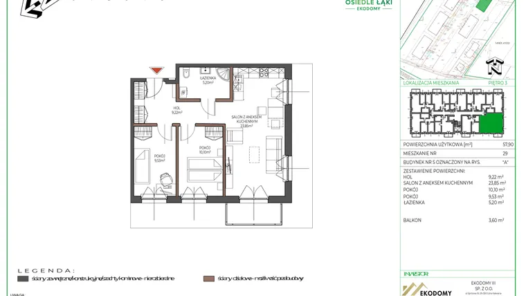 Rzut - Mieszkanie na sprzedaż 3 pokoje o powierzchni 57,85 m² - numer 29 w Osiedle Polna bud. 5