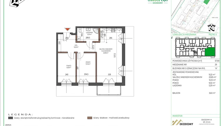 Rzut - Mieszkanie na sprzedaż 3 pokoje o powierzchni 57,9 m² - numer 29 w Osiedle Polna bud. 5