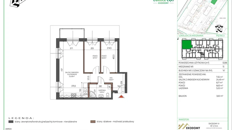 Rzut - Mieszkanie na sprzedaż 3 pokoje o powierzchni 53,86 m² - numer 15 w Osiedle Polna bud. 5
