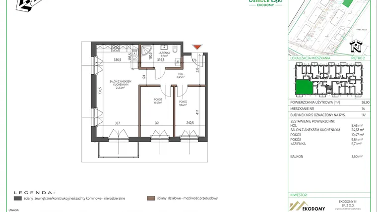 Rzut - Mieszkanie na sprzedaż 3 pokoje o powierzchni 58,9 m² - numer 14 w Osiedle Polna bud. 5