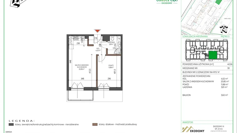 Rzut - Mieszkanie na sprzedaż 2 pokoje o powierzchni 40,56 m² - numer 30 w Osiedle Polna bud. 5