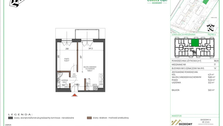 Rzut - Mieszkanie na sprzedaż 2 pokoje o powierzchni 38 m² - numer 17 w Osiedle Polna bud. 5