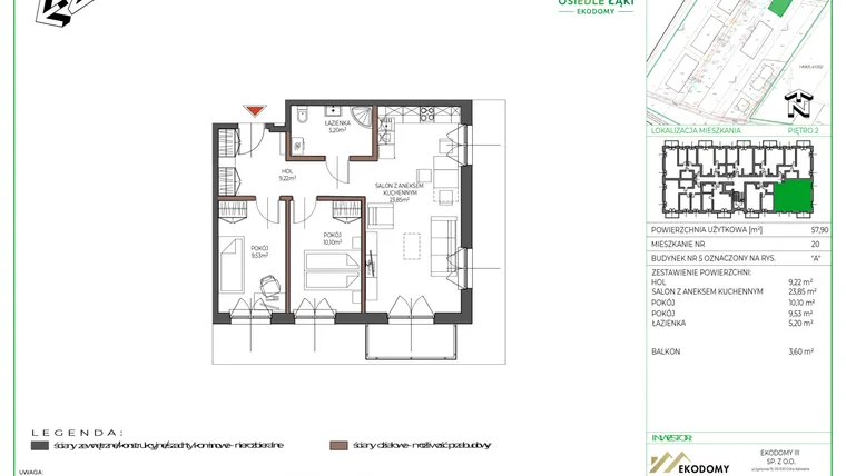 Rzut - Mieszkanie na sprzedaż 3 pokoje o powierzchni 57,85 m² - numer 20 w Osiedle Polna bud. 5