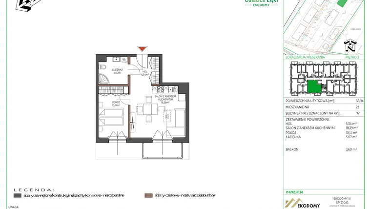 Rzut - Mieszkanie na sprzedaż 2 pokoje o powierzchni 38,93 m² - numer 22 w Osiedle Polna bud. 5