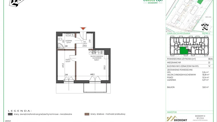 Rzut - Mieszkanie na sprzedaż 2 pokoje o powierzchni 38,94 m² - numer 22 w Osiedle Polna bud. 5