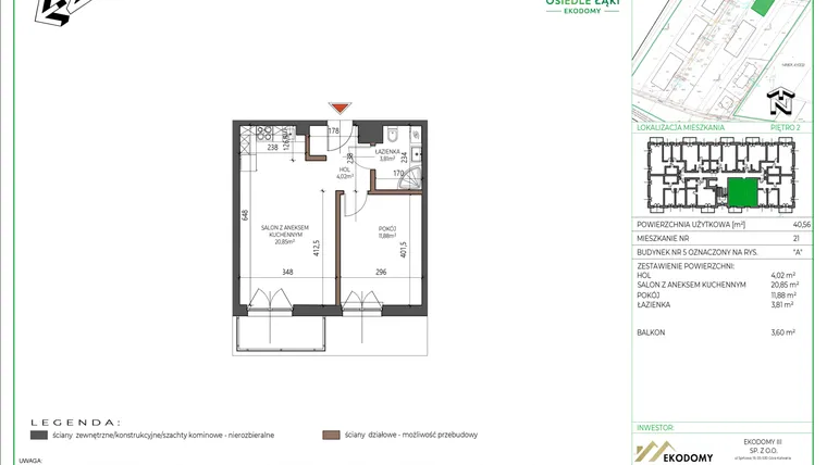 Rzut - Mieszkanie na sprzedaż 2 pokoje o powierzchni 40,56 m² - numer 21 w Osiedle Polna bud. 5