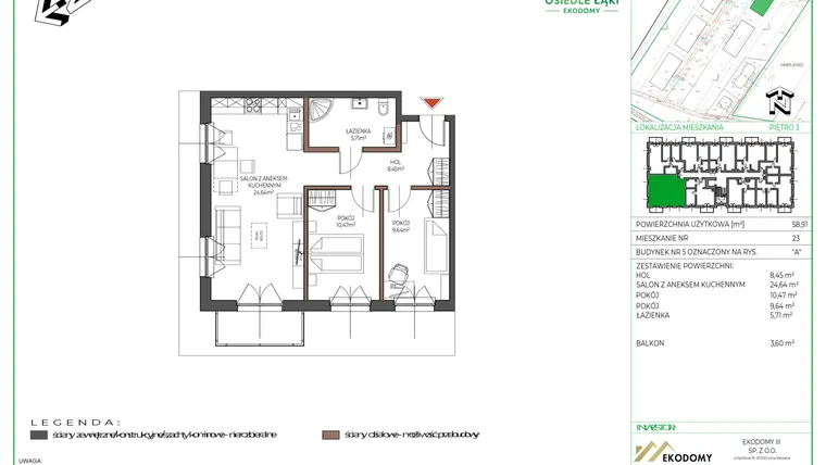 Rzut - Mieszkanie na sprzedaż 3 pokoje o powierzchni 58,9 m² - numer 23 w Osiedle Polna bud. 5